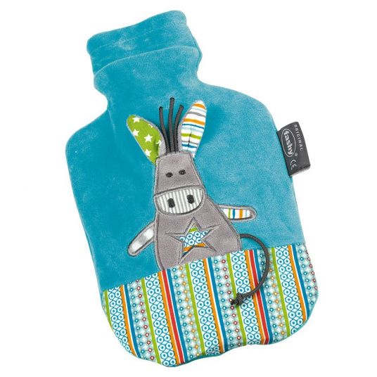Fashy Hot water bottle 0.8 L with fleece cover - Lovable Donkey Turquoise