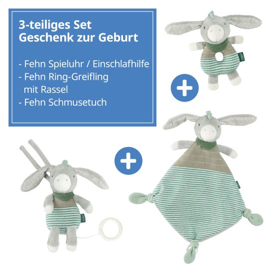 Fehn Set regalo da 3 pezzi per la nascita di un asinello esclusivo - carillon + panno per le coccole + giocattolo da afferrare
