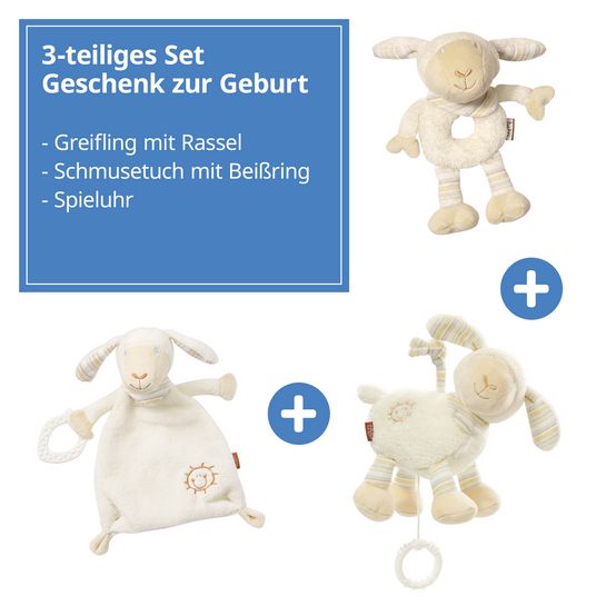 Fehn 3-tlg. Geschenk-Set zur Geburt Schaf Baby Love - Spieluhr + Schmusetuch + Greifling