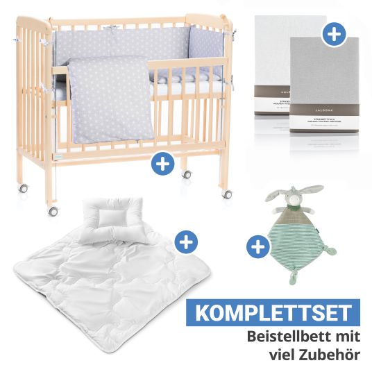 Fillikid 10-tlg. Beistellbett-Komplett-Set Nino inkl. Matratze, Bettwäsche, Spannbetttücher, Nestchen, Steppbett & Schmusetuch - Cube Grey - Natur