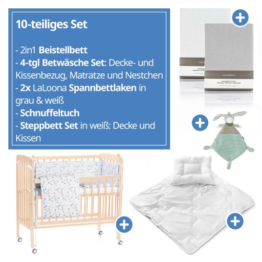 Fillikid 10-tlg. Beistellbett-Komplett-Set Nino inkl. Matratze, Bettwäsche, Spannbetttücher, Nestchen, Steppbett & Schmusetuch - Kangaroo Weiß - Natur