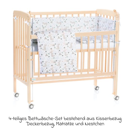 Fillikid 10-tlg. Beistellbett-Komplett-Set Nino inkl. Matratze, Bettwäsche, Spannbetttücher, Nestchen, Steppbett & Schmusetuch - Kangaroo Weiß - Natur