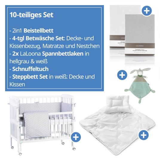 Fillikid 10-tlg. Beistellbett-Komplett-Set Nino inkl. Matratze, Bettwäsche, Spannbetttücher, Nestchen, Steppbett & Schmusetuch - Weiß