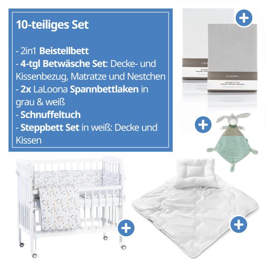 Fillikid 10-tlg. Beistellbett-Komplett-Set Nino inkl. Matratze, Bettwäsche, Spannbetttücher, Nestchen, Steppbett & Schmusetuch - Weiß