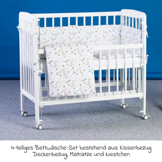 Fillikid 10-tlg. Beistellbett-Komplett-Set Nino inkl. Matratze, Bettwäsche, Spannbetttücher, Nestchen, Steppbett & Schmusetuch Kangaroo Weiß - Weiß