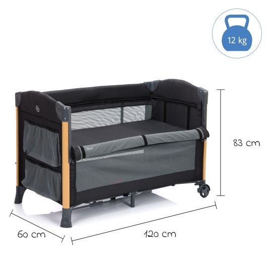 Fillikid 2 in 1 Reisebett & Beistellbett Cadiz in Holzoptik ab Geburt - 9 Monate mit höhenverstellbarem Boden und Rollen 120 x 60 cm - Grau Melange