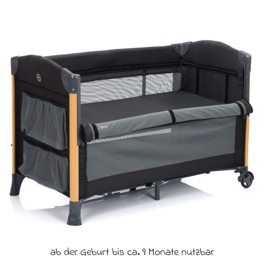 Fillikid 2 in 1 Reisebett & Beistellbett Cadiz in Holzoptik ab Geburt - 9 Monate mit höhenverstellbarem Boden und Rollen 120 x 60 cm - Grau Melange