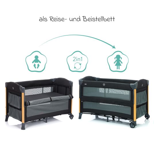 Fillikid 2 in 1 Reisebett & Beistellbett Cadiz in Holzoptik ab Geburt - 9 Monate mit höhenverstellbarem Boden und Rollen 120 x 60 cm - Grau Melange