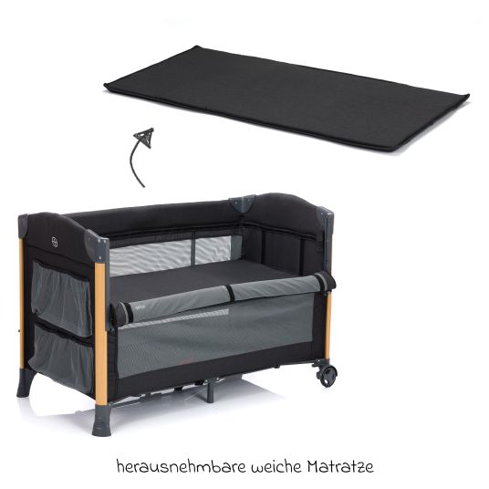 Fillikid 2 in 1 Reisebett & Beistellbett Cadiz in Holzoptik ab Geburt - 9 Monate mit höhenverstellbarem Boden und Rollen 120 x 60 cm - Grau Melange