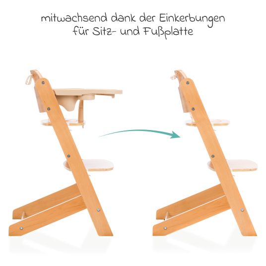 Fillikid 2in1 Hochstuhl Pia mit 5-Punkt-Gurt, abnehmbarem Essbrett mit Getränkehalter bis 85 kg belastbar - Natur