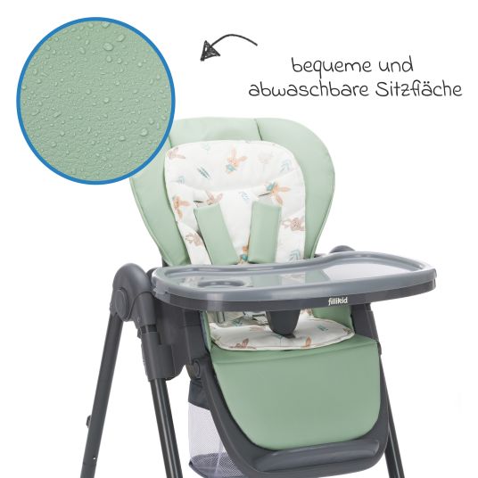 Fillikid 2in1 high chair and rocker Mio usable from birth with reclining position, removable dining board, 4 castors & small foldable - gray green