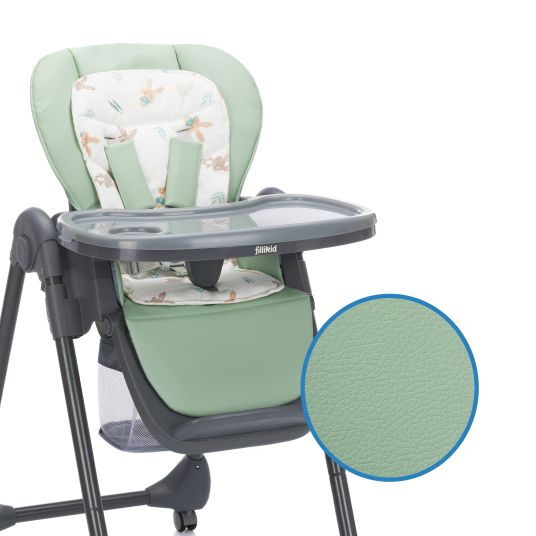 Fillikid 2in1 high chair and rocker Mio usable from birth with reclining position, removable dining board, 4 castors & small foldable - gray green