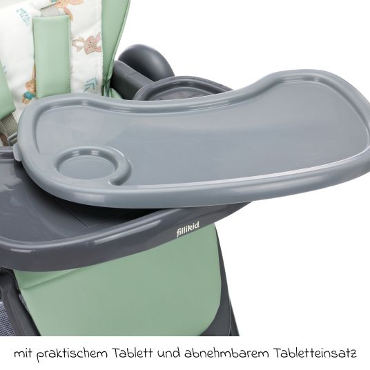 Fillikid 2in1 high chair and rocker Mio usable from birth with reclining position, removable dining board, 4 castors & small foldable - gray green