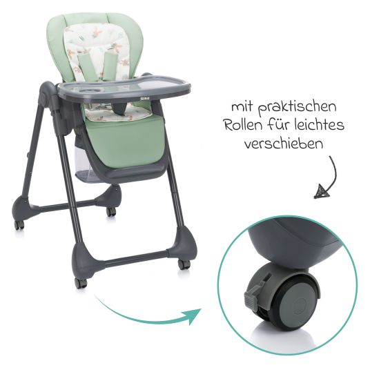 Fillikid 2in1 high chair and rocker Mio usable from birth with reclining position, removable dining board, 4 castors & small foldable - gray green