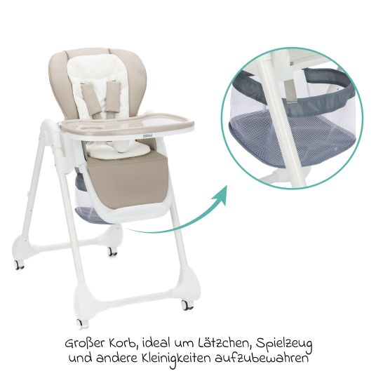 Fillikid 2in1 high chair and rocker Mio usable from birth with reclining position, removable dining board, 4 castors & small foldable - White Taupe