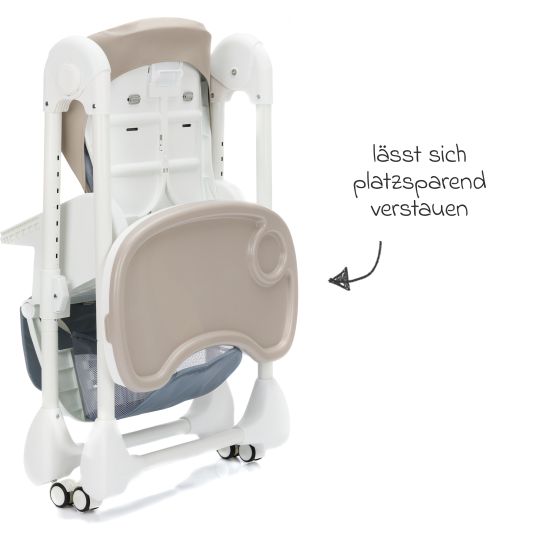 Fillikid 2in1 high chair and rocker Mio usable from birth with reclining position, removable dining board, 4 castors & small foldable - White Taupe