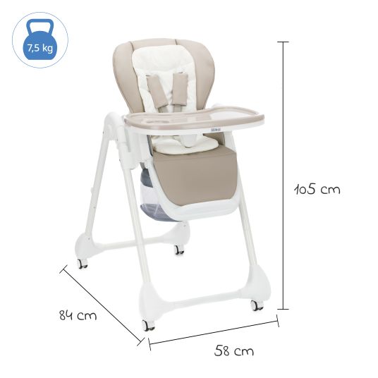 Fillikid 2in1 high chair and rocker Mio usable from birth with reclining position, removable dining board, 4 castors & small foldable - White Taupe