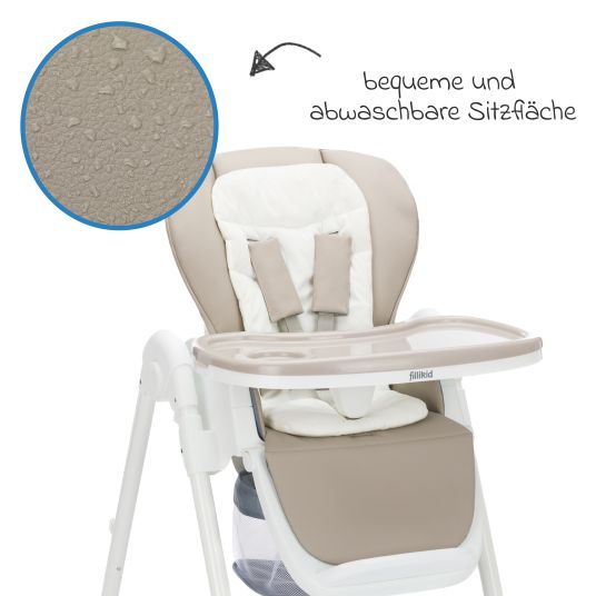 Fillikid 2in1 high chair and rocker Mio usable from birth with reclining position, removable dining board, 4 castors & small foldable - White Taupe