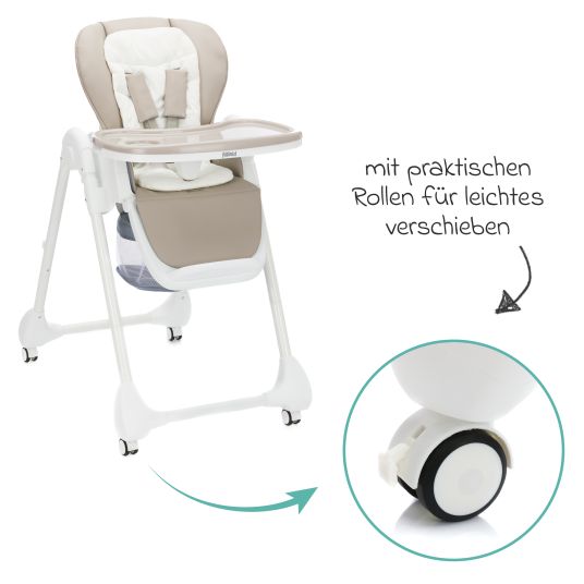 Fillikid 2in1 high chair and rocker Mio usable from birth with reclining position, removable dining board, 4 castors & small foldable - White Taupe