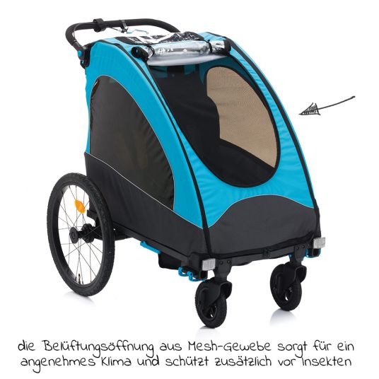 Fillikid Rimorchio per bicicletta, passeggino e jogger 3 in 1 Fill Rhino per 2 bambini (fino a 40 kg) - Blu Grigio