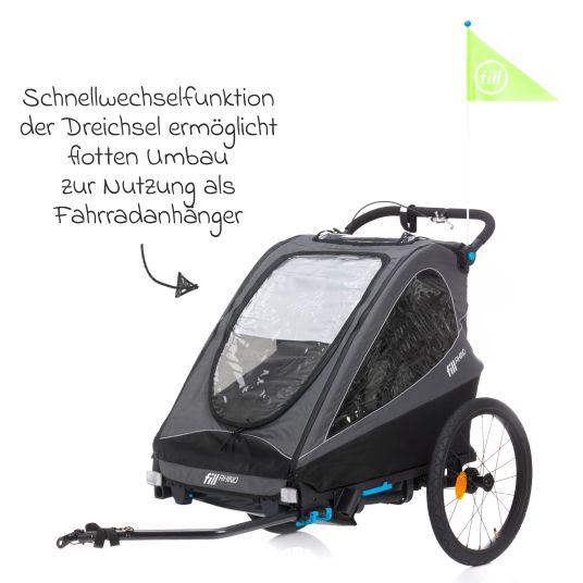 Fillikid Rimorchio per bicicletta 3in1 Rhino SL per 2 bambini (fino a 44 kg), utilizzabile anche come passeggino e jogger - grigio scuro