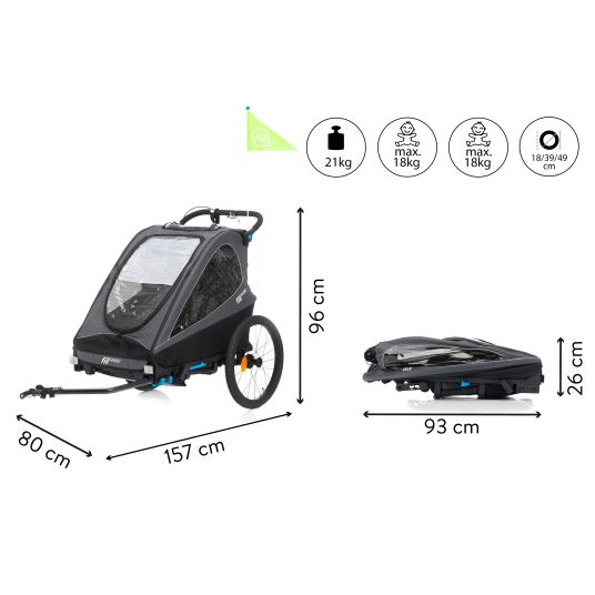 Fillikid Rimorchio per bicicletta 3in1 Rhino SL per 2 bambini (fino a 44 kg), utilizzabile anche come passeggino e jogger - grigio scuro