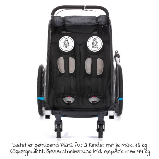 Fillikid Rimorchio per bicicletta 3in1 Rhino SL per 2 bambini (fino a 44 kg), utilizzabile anche come passeggino e jogger - grigio scuro