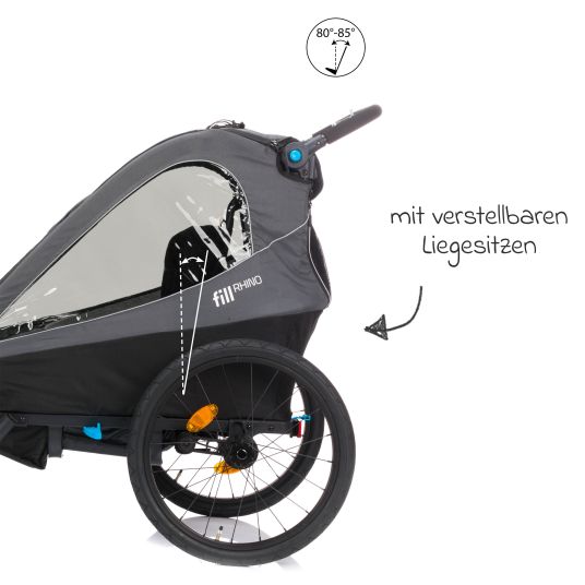 Fillikid Rimorchio per bicicletta 3in1 Rhino SL per 2 bambini (fino a 44 kg), utilizzabile anche come passeggino e jogger - grigio scuro