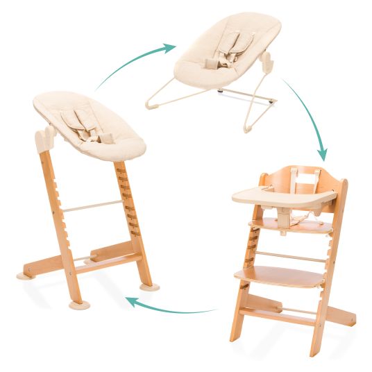 Fillikid 3in1 highchair set Pia Swing from birth up to 85 kg with newborn attachment, 5-point harness, removable dining board with cup holder - natural