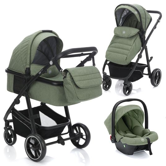 Fillikid 4-1 Kombi-Kinderwagen-Set Fill Jaguar mit Sportsitz, Babywanne mit Matratze, Babyschale, Wickeltasche mit Wickelauflage, Adapter, Regenschutz & Insektenschutz - Grün Melange