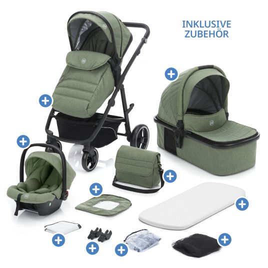 Fillikid 4-1 Kombi-Kinderwagen-Set Fill Jaguar mit Sportsitz, Babywanne mit Matratze, Babyschale, Wickeltasche mit Wickelauflage, Adapter, Regenschutz & Insektenschutz - Grün Melange