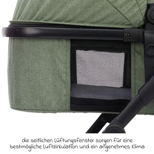 Fillikid 4-1 Kombi-Kinderwagen-Set Fill Jaguar mit Sportsitz, Babywanne mit Matratze, Babyschale, Wickeltasche mit Wickelauflage, Adapter, Regenschutz & Insektenschutz - Grün Melange