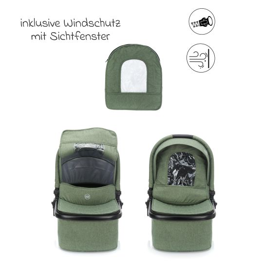 Fillikid 4-1 Kombi-Kinderwagen-Set Fill Jaguar mit Sportsitz, Babywanne mit Matratze, Babyschale, Wickeltasche mit Wickelauflage, Adapter, Regenschutz & Insektenschutz - Grün Melange