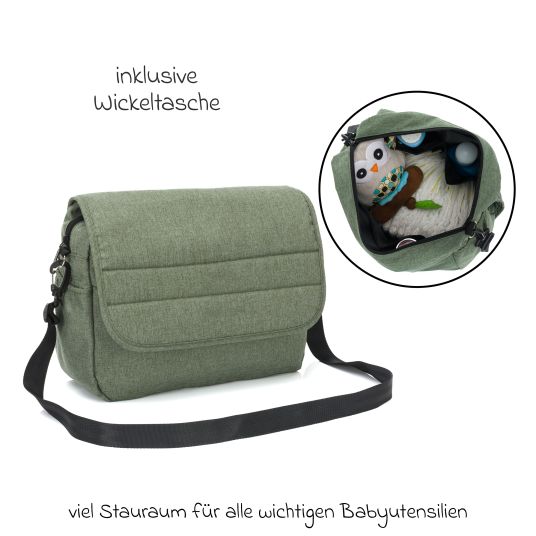 Fillikid 4-1 Kombi-Kinderwagen-Set Fill Jaguar mit Sportsitz, Babywanne mit Matratze, Babyschale, Wickeltasche mit Wickelauflage, Adapter, Regenschutz & Insektenschutz - Grün Melange