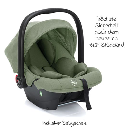 Fillikid 4-1 Kombi-Kinderwagen-Set Fill Jaguar mit Sportsitz, Babywanne mit Matratze, Babyschale, Wickeltasche mit Wickelauflage, Adapter, Regenschutz & Insektenschutz - Grün Melange