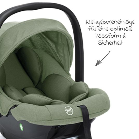 Fillikid 4-1 Kombi-Kinderwagen-Set Fill Jaguar mit Sportsitz, Babywanne mit Matratze, Babyschale, Wickeltasche mit Wickelauflage, Adapter, Regenschutz & Insektenschutz - Grün Melange