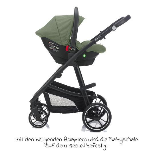 Fillikid 4-1 Kombi-Kinderwagen-Set Fill Jaguar mit Sportsitz, Babywanne mit Matratze, Babyschale, Wickeltasche mit Wickelauflage, Adapter, Regenschutz & Insektenschutz - Grün Melange