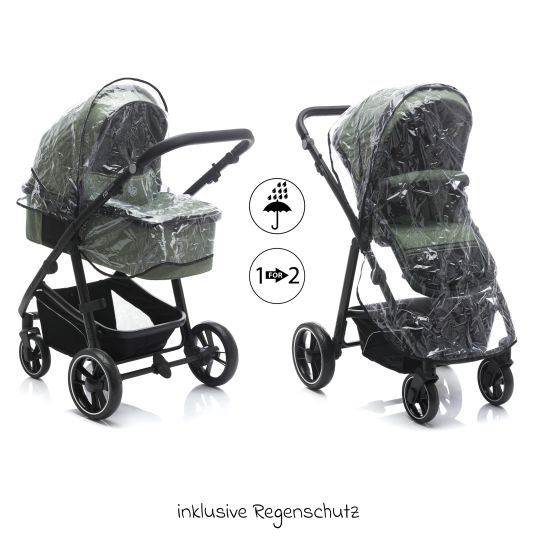 Fillikid 4-1 Kombi-Kinderwagen-Set Fill Jaguar mit Sportsitz, Babywanne mit Matratze, Babyschale, Wickeltasche mit Wickelauflage, Adapter, Regenschutz & Insektenschutz - Grün Melange