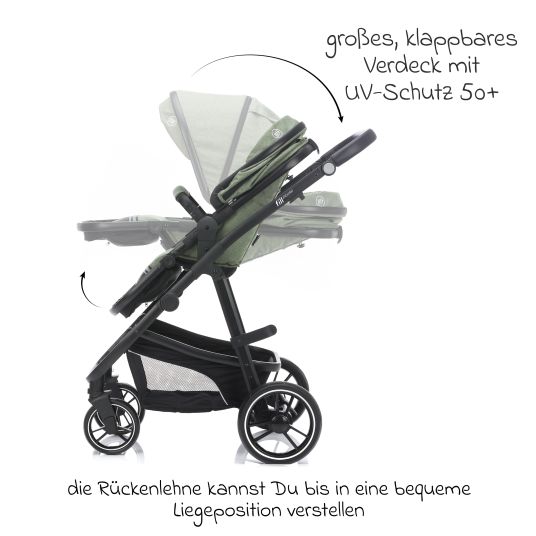 Fillikid 4-1 Kombi-Kinderwagen-Set Fill Jaguar mit Sportsitz, Babywanne mit Matratze, Babyschale, Wickeltasche mit Wickelauflage, Adapter, Regenschutz & Insektenschutz - Grün Melange