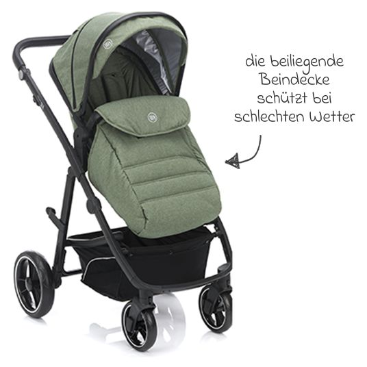 Fillikid 4-1 Kombi-Kinderwagen-Set Fill Jaguar mit Sportsitz, Babywanne mit Matratze, Babyschale, Wickeltasche mit Wickelauflage, Adapter, Regenschutz & Insektenschutz - Grün Melange