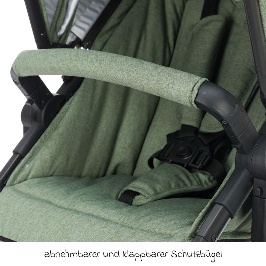 Fillikid 4-1 Kombi-Kinderwagen-Set Fill Jaguar mit Sportsitz, Babywanne mit Matratze, Babyschale, Wickeltasche mit Wickelauflage, Adapter, Regenschutz & Insektenschutz - Grün Melange