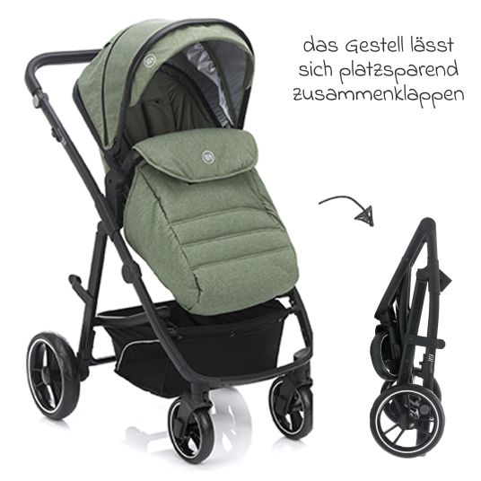 Fillikid 4-1 Kombi-Kinderwagen-Set Fill Jaguar mit Sportsitz, Babywanne mit Matratze, Babyschale, Wickeltasche mit Wickelauflage, Adapter, Regenschutz & Insektenschutz - Grün Melange