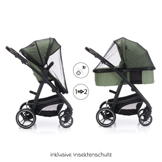 Fillikid 4-1 Kombi-Kinderwagen-Set Fill Jaguar mit Sportsitz, Babywanne mit Matratze, Babyschale, Wickeltasche mit Wickelauflage, Adapter, Regenschutz & Insektenschutz - Grün Melange