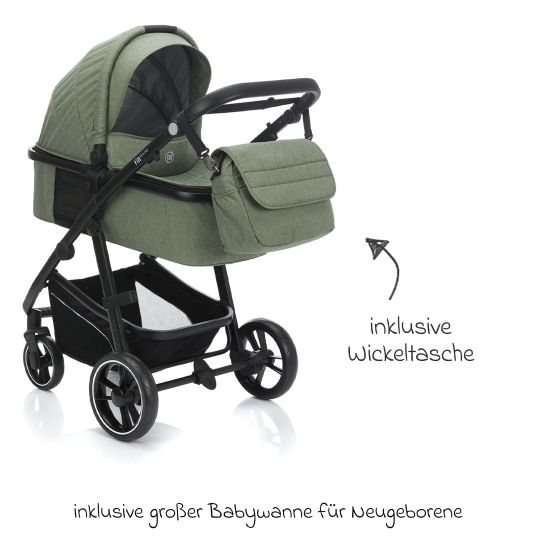 Fillikid 4-1 Kombi-Kinderwagen-Set Fill Jaguar mit Sportsitz, Babywanne mit Matratze, Babyschale, Wickeltasche mit Wickelauflage, Adapter, Regenschutz & Insektenschutz - Grün Melange