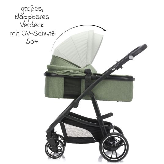 Fillikid 4-1 Kombi-Kinderwagen-Set Fill Jaguar mit Sportsitz, Babywanne mit Matratze, Babyschale, Wickeltasche mit Wickelauflage, Adapter, Regenschutz & Insektenschutz - Grün Melange