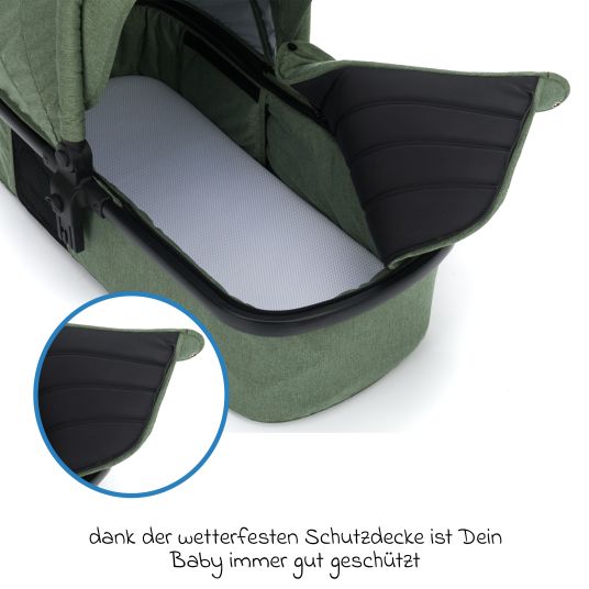 Fillikid 4-1 Kombi-Kinderwagen-Set Fill Jaguar mit Sportsitz, Babywanne mit Matratze, Babyschale, Wickeltasche mit Wickelauflage, Adapter, Regenschutz & Insektenschutz - Grün Melange