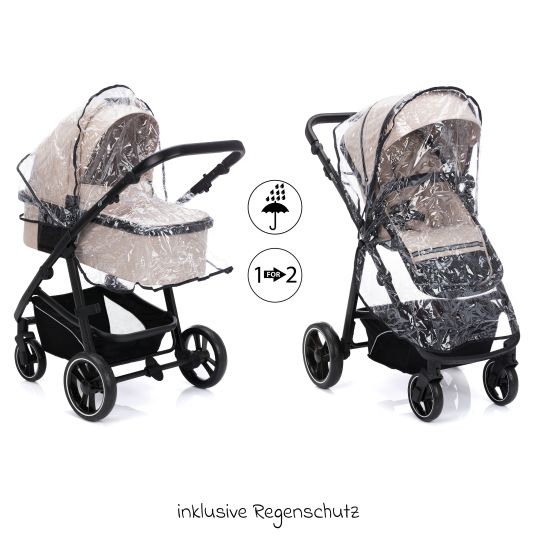 Fillikid 4-1 Kombi-Kinderwagen-Set Fill Jaguar mit Sportsitz, Babywanne mit Matratze, Babyschale, Wickeltasche mit Wickelauflage, Adapter, Regenschutz & Insektenschutz - Sand