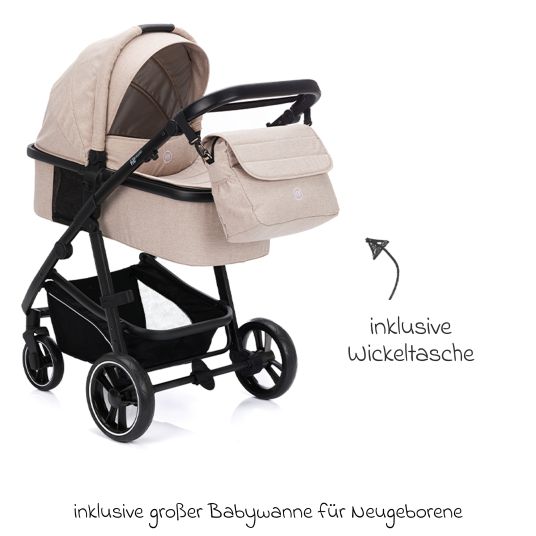 Fillikid 4-1 Kombi-Kinderwagen-Set Fill Jaguar mit Sportsitz, Babywanne mit Matratze, Babyschale, Wickeltasche mit Wickelauflage, Adapter, Regenschutz & Insektenschutz - Sand