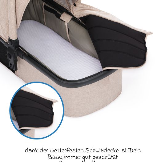 Fillikid 4-1 Kombi-Kinderwagen-Set Fill Jaguar mit Sportsitz, Babywanne mit Matratze, Babyschale, Wickeltasche mit Wickelauflage, Adapter, Regenschutz & Insektenschutz - Sand