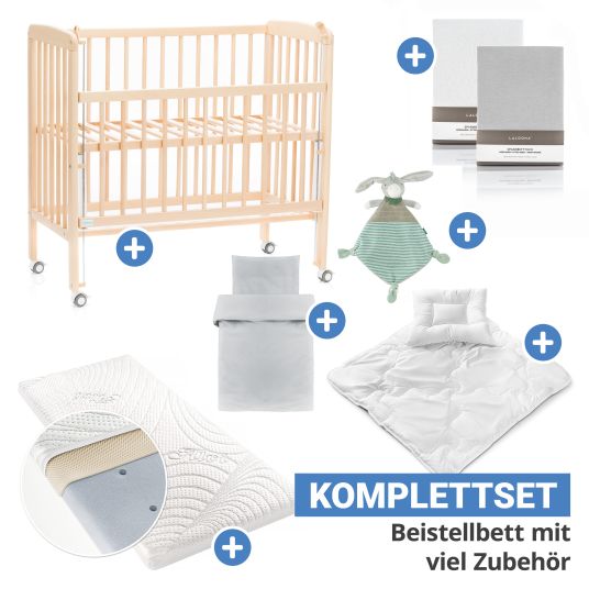 Fillikid 9-tlg. Beistellbett-Komplett-Set Nino inkl. Matratze, Bettwäsche, Spannbetttücher, Steppbett & Schmusetuch - Natur